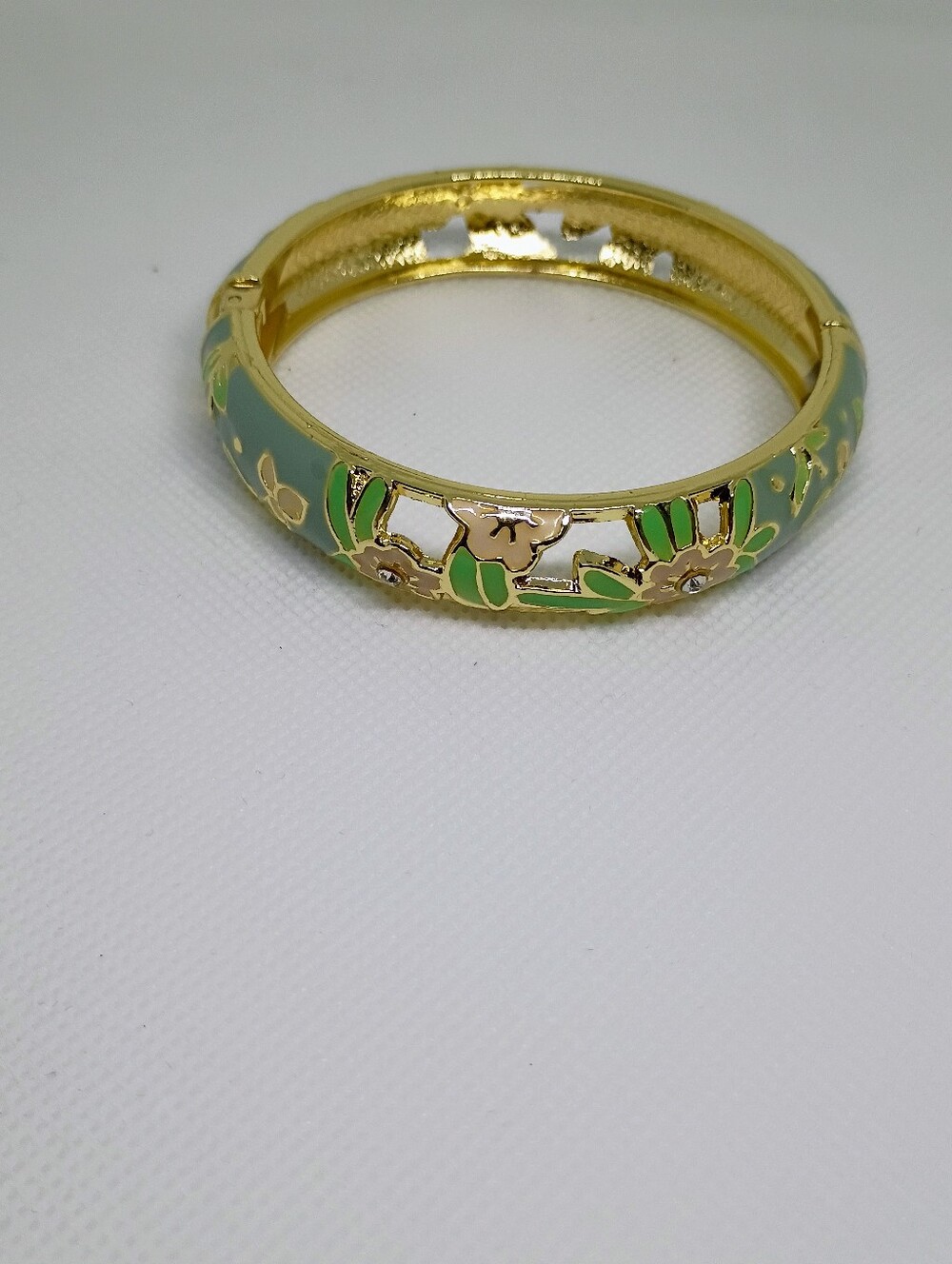 New Gold-Tone Green Floral Enamel Bangle Bracelet